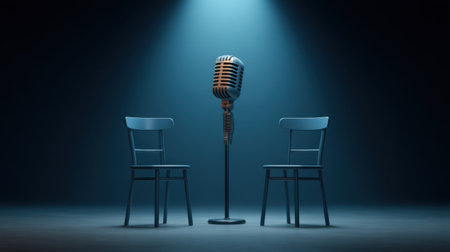 A striking visual of a vintage microphone between two empty chairs, illuminated by a spotlight in a dark space. Perfect for themes of dialogue and performance.の素材