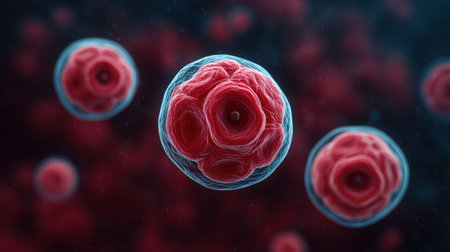 This captivating image shows a microscopic view of red cells in an intricate abstract setting, providing insight into biological structures and their vibrant forms.の素材