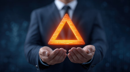 A business person in a suit holds a glowing triangular warning symbol, capturing attention in a digital environment and emphasizing the importance of caution and awareness.の素材