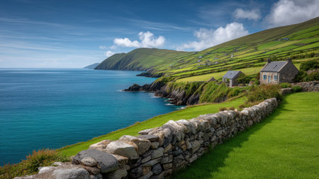Enjoy the breathtaking view of a tranquil coastal landscape in Ireland, featuring lush green hills, rocky shores, and charming cottages nestled by the Atlantic Ocean.の素材