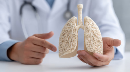 A doctor presents a detailed anatomical model of human lungs, emphasizing the significance of respiratory health and education in a clinical setting.の素材
