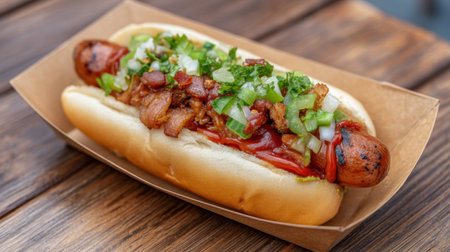 Indulge in a gourmet hot dog topped with fresh vegetables, savory bacon, and ketchup, served in a soft bun. Perfect for outdoor meals or casual snacking.の素材