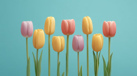A vibrant arrangement of colorful tulips in shades of pink, yellow, and purple against a soft blue background, creating a fresh and cheerful spring aesthetic perfect for decoration.の素材