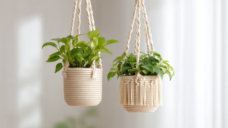 Two beautiful hanging planters with lush green plants create a serene indoor atmosphere. These stylish planters enhance any space with their modern design and natural vibe.の素材