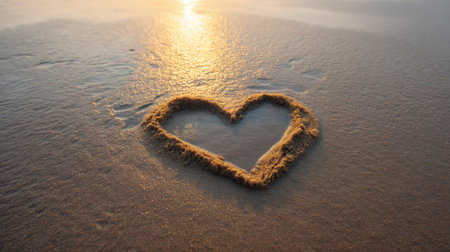 A captivating heart shape molded in wet sandy beach, filled with clear water at sunset. This serene scene evokes emotions of love and tranquility in nature's splendor.の素材