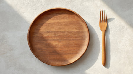 A beautifully crafted wooden plate and fork showcase a minimalist dining aesthetic, perfect for capturing natural beauty and simplicity in food photography and styling.の素材