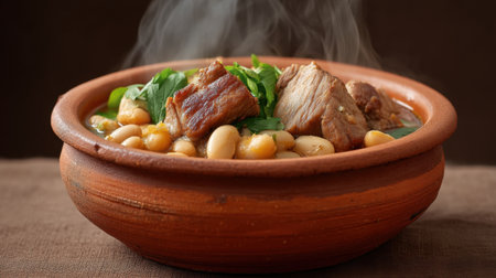 A steaming bowl of slow-cooked meat with tender beans and fresh herbs, served in a rustic pot. Ideal for cozy meals and family gatherings, celebrating hearty flavors.の素材