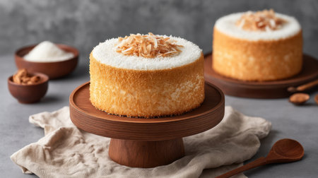 A beautifully crafted coconut cake sits on a wooden stand, topped with almond slices. This delightful dessert is surrounded by baking ingredients, evoking a warm and inviting atmosphere.の素材