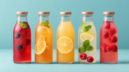 Delight in a vibrant display of fruit-infused sparkling beverages, showcasing refreshing flavors and aesthetics perfect for summer gatherings or casual enjoyment.の素材