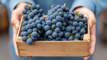 A person holds a wooden box filled with fresh blue grapes, showcasing the vibrant colors and inviting textures, perfect for healthy eating and culinary uses.の素材