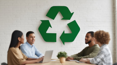 A diverse group of professionals engages in a meaningful discussion about sustainability in a modern office, highlighted by a prominent green recycling symbol.の素材