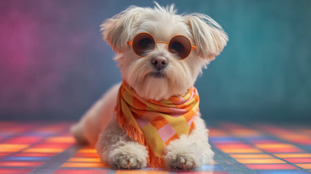 A charming small dog sits on a colorful disco floor, wearing stylish sunglasses and a cheerful scarf. The vibrant backdrop creates a playful and fun atmosphere.の素材