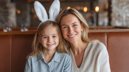A heartwarming scene featuring a mother and her daughter enjoying a special moment in a restaurant. Both share radiant smiles, wearing festive bunny ears, capturing the joy of togetherness.の素材