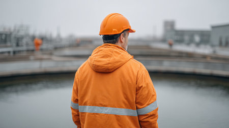 A worker dressed in orange safety gear stands by a water treatment facility. This image emphasizes safety, industrial practices, and environmental monitoring in foggy conditions.の素材