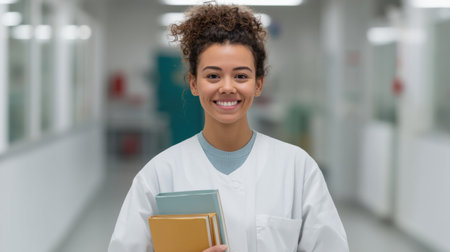 A smiling female medical professional stands in a hallway of a hospital, holding books and radiating positivity, embodying the spirit of healthcare and education.の素材