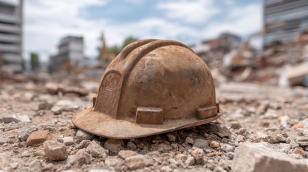 A construction helmet sits abandoned on a pile of rubble at a site, symbolizing the hard work and safety required in the building industry amidst urban decay.の素材