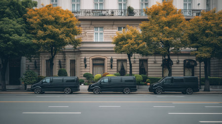 Three sleek black vans are parked in a row beside an elegant urban building, framed by vibrant autumn trees, showcasing a serene city street atmosphere.の素材