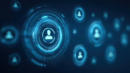 This digital artwork features a modern interface displaying user profiles and interactions, set against a sleek background, illustrating connectivity in technology.の素材