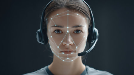 A focused woman wearing a headset highlights the integration of facial recognition technology in a modern workspace, enhancing digital communication and customer service.の素材