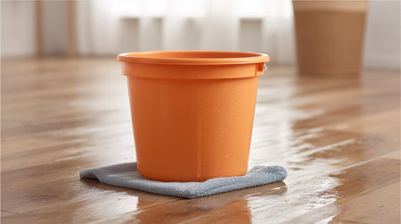 An orange cleaning bucket sits on a wet wooden floor, accompanied by a soft mop cloth, symbolizing cleanliness and home maintenance in a bright indoor space.の素材