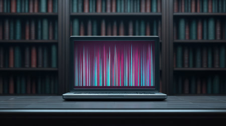 A modern laptop displays an abstract digital screen in a vintage library, symbolizing the fusion of technology and traditional knowledge in an inspiring setting.の素材