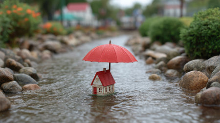 A whimsical scene featuring a miniature house with a red roof and umbrella floating atop water, surrounded by rocks and lush greenery, evoking charm and protection.の素材