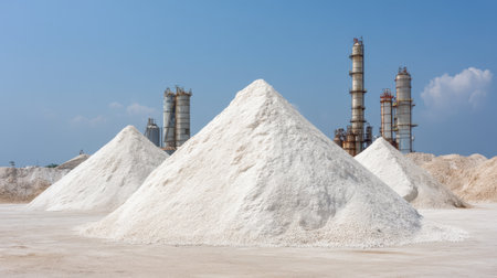 A clear industrial scene showcasing several large white salt piles with towering processing equipment in the background, under a vibrant blue sky.の素材