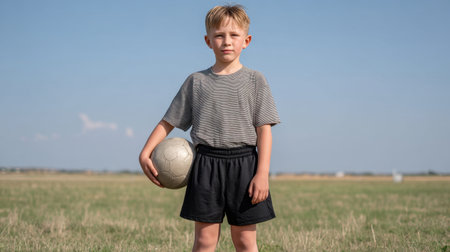 This image features a young boy standing in a vibrant green field, confidently holding a soccer ball. The clear blue sky adds a sense of freedom and joy.の素材