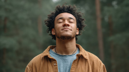 A young man with curly hair stands in a serene forest, eyes closed, basking in the tranquility of nature, reflecting calm and joy in a beautiful outdoor setting.の素材