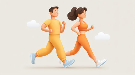 This vibrant illustration features a man and woman jogging side by side in a light setting, embodying health and vitality. Perfect for fitness and wellness themes.の素材