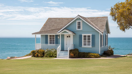 This image captures a charming blue house with white trim nestled by the ocean, surrounded by lush greenery and accompanied by a clear blue sky, perfect for relaxation.の素材