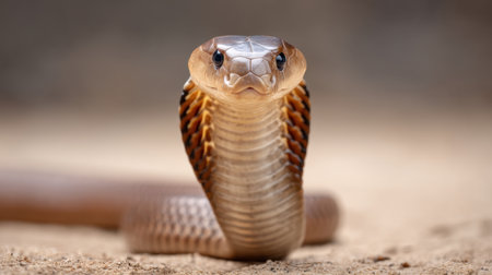This captivating close-up image features a cobra with its hood expanded, highlighting the intricate details of its scales and fierce expression in its natural sandy habitat.の素材