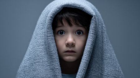 A child wrapped in a soft blanket gazes thoughtfully into the distance, embodying feelings of innocence and vulnerability in a serene and neutral-toned environment.の素材