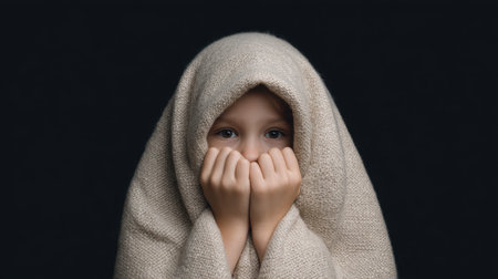 A child wrapped in a soft blanket hides their face, showcasing curiosity and whimsy. This simple yet emotive image captures the essence of childhood innocence and warmth.の素材
