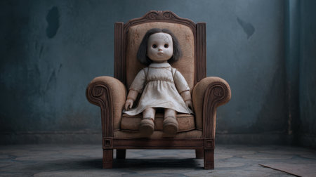 This image captures a vintage porcelain doll seated gracefully in an antique armchair within a tranquil setting, evoking feelings of nostalgia and childhood memories.の素材