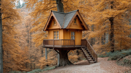 Experience a charming treehouse nestled in a forest ablaze with autumn colors, offering a serene retreat perfect for nature lovers seeking tranquility.の素材