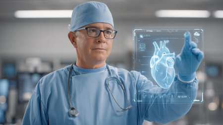 A medical professional in scrubs uses a holographic interface to explore the human heart, highlighting the merger of technology and healthcare in a clinical setting.の素材