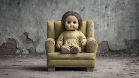 An evocative scene featuring a vintage doll sitting on a worn chair in an empty, peeling room, capturing themes of nostalgia, innocence, and quiet decay.の素材