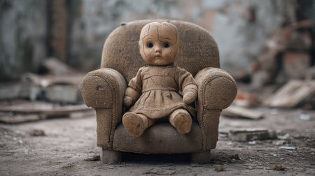 This evocative image features a vintage doll sitting alone on a small armchair, surrounded by an abandoned environment, capturing feelings of nostalgia and melancholy.の素材