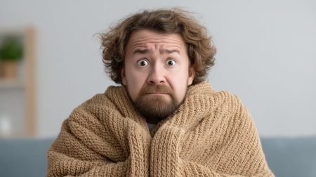 A man sits wrapped in a soft blanket, displaying a surprised and concerned expression. The indoor setting conveys a cozy winter atmosphere, ideal for conveying emotions.の素材