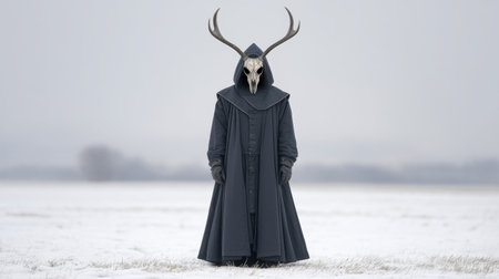 A haunting figure dressed in a dark cloak adorned with antlers stands in a snowy field, creating an atmosphere of mystery and allure against a serene winter backdrop.の素材