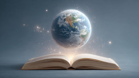 A captivating image of an open book with a glowing globe above it, symbolizing the fusion of imagination and knowledge in a mystical atmosphere for inspiration.の素材