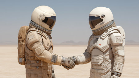 Two astronauts in futuristic space suits engage in a handshake on a desolate alien terrain, highlighting themes of collaboration, exploration, and human connection in extraordinary environments.の素材