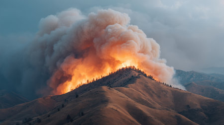 A powerful wildfire engulfs a scenic mountain landscape, producing thick smoke and vibrant flames that light up the evening sky, showcasing nature's ferocity.の素材