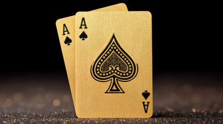 Two Ace of Spades playing cards with a luxurious golden finish create an eye-catching display against a dark, illuminated background, suggesting high-stakes excitement.の素材