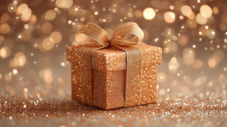 A stunning golden gift box adorned with a beautiful ribbon, set against a magical backdrop of sparkling lights, perfect for enhancing festive moments and celebrations.の素材