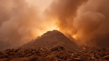 An intense wildfire engulfs a mountainous area, with thick smoke and glowing flames illuminating the sky, highlighting the urgent need for environmental awareness and action.の素材