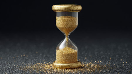 A beautifully designed hourglass filled with golden sand sits against a dark backdrop, capturing the essence of time's flow and reminding viewers of life's fleeting moments.の素材