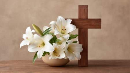 A peaceful arrangement of fresh white lilies in a beige vase beside a wooden cross creates a serene atmosphere, ideal for reflections on faith and spirituality.の素材