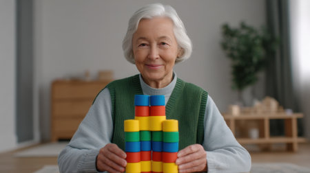 A joyful elderly woman engages with colorful building blocks in a cozy indoor space, reflecting creativity and the importance of play in older adulthood.の素材